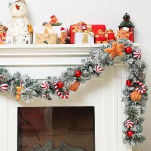 Riceshoot 6.5 ft Gingerbread Christmas Garland Decoration for Mantel Flocked Berkshire Spruce Gingerbread Cookies Christmas Decorations for Front Door Fireplace Kitchen Table Centerpiece Outdoor