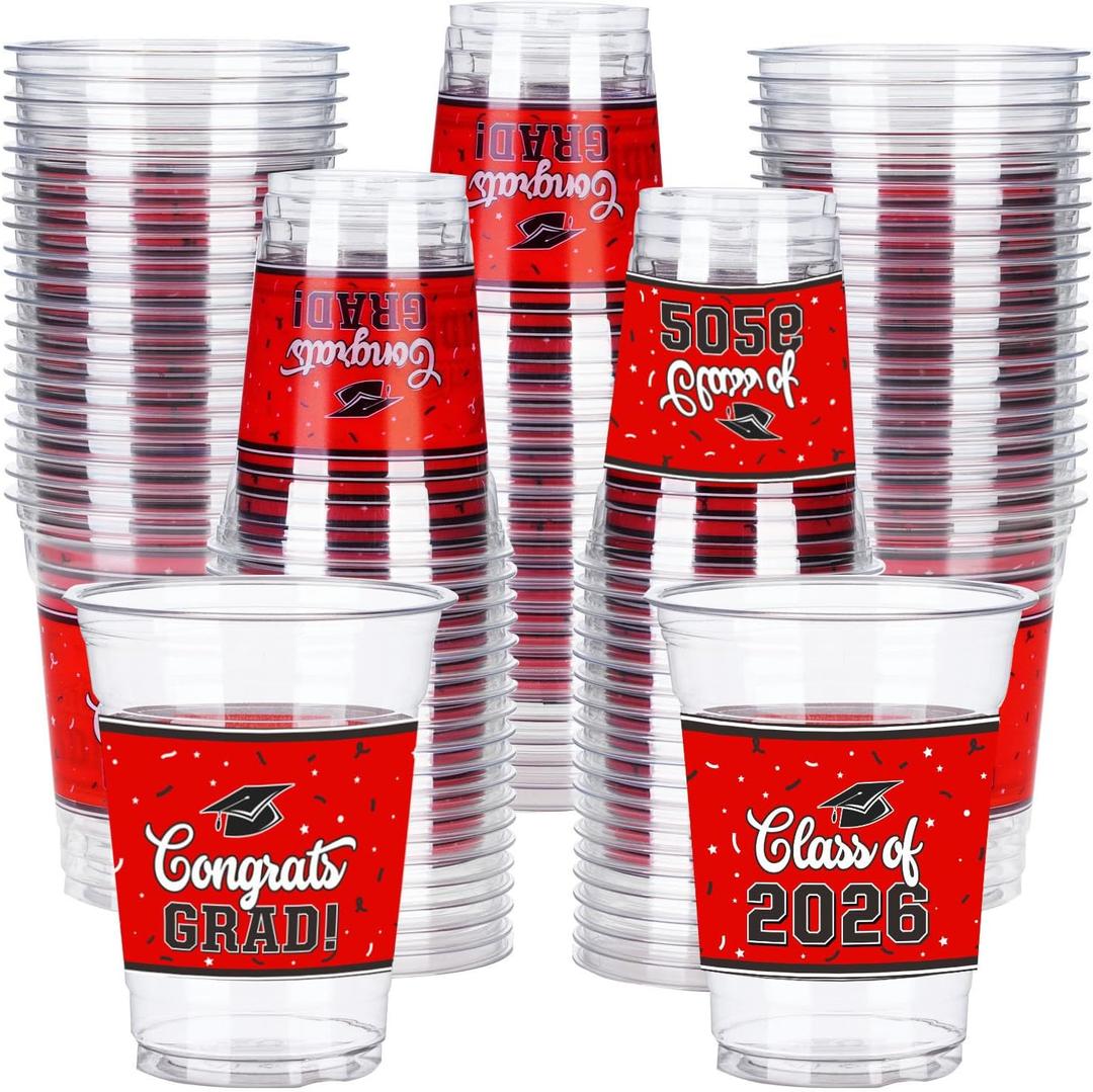100 Pcs 12oz Graduation Cups Class of 2026 Disposable Graduation Plastic Cups, 2026 Grad Party Cups for Congrats Grad, Class of 2026 Celebration Party Supplies Tableware