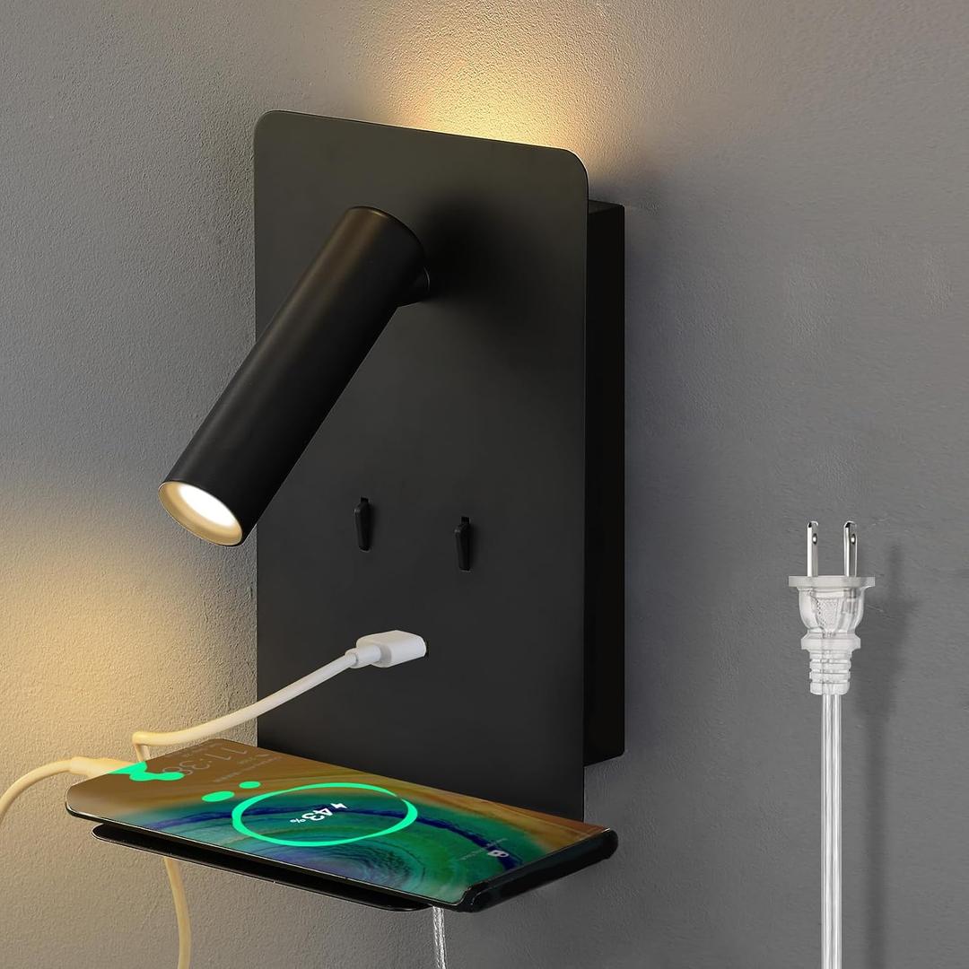 ZEROUNO Plug in Wall Sconce with Switch LED Bedside Lamp Bedroom Wall Mounted Reading Light with USB Port Wall Lighting 3000K Black