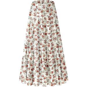 Women's Chiffon White Flowy Maxi Skirts Boho Fall Elastic Waisted Pleated A Line Long Skirt for Women 2025 S