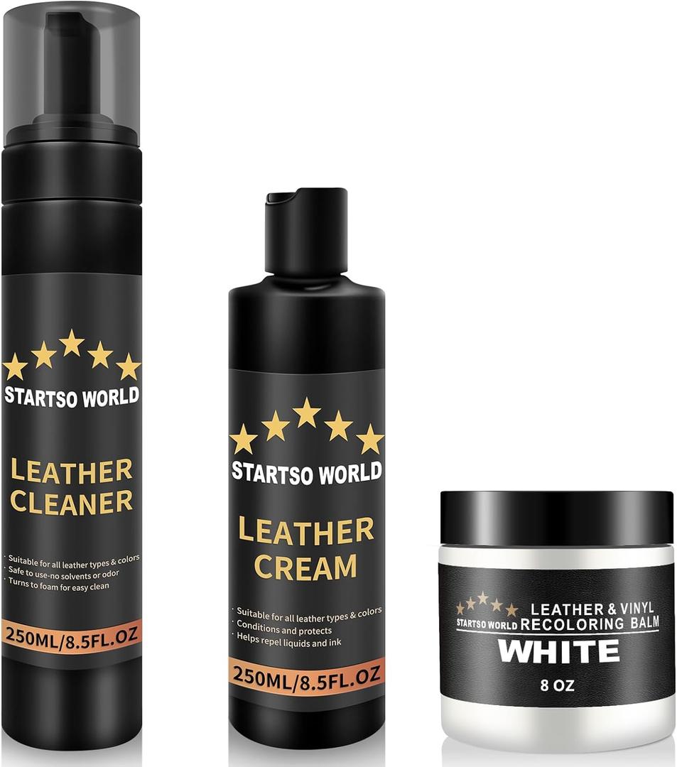 STARTSO WORLD Leather Restoration Kit | Includes Leather Recoloring Balm, Leather Cleaner, Protection Cream| Restores & Repairs (White)