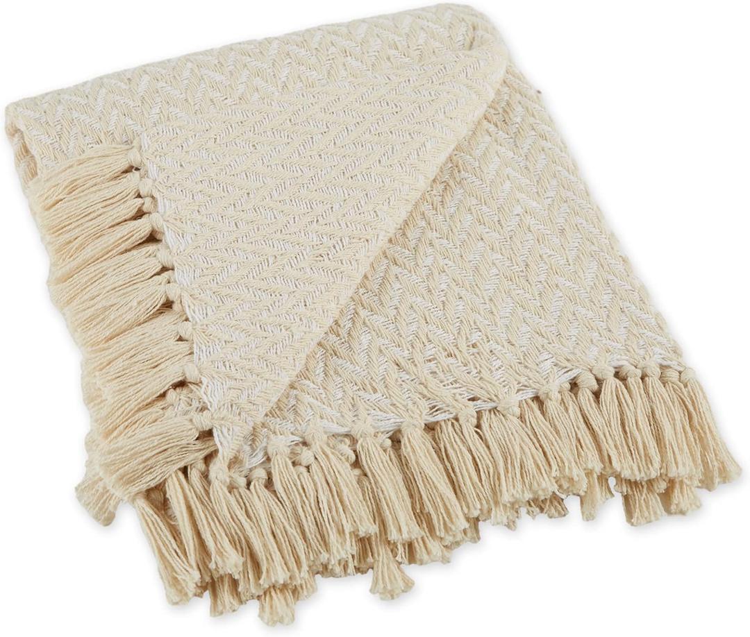 DII Modern Zig Zag Throw Blanket Woven Cotton, Hand-Knotted 2.5" Fringe, 50x60, Natural