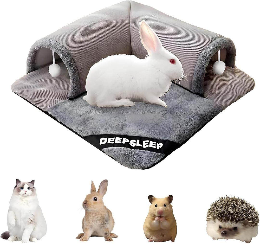 Rabbit Tunnel Bed with Removable Plush Mat - Soft Hideout & Play Tube for Bunnies, Guinea Pigs, Chinchillas, Cats, Bunny-Cozy Small Pet Toy, Grey (Grey, Small-20"x20"x1")