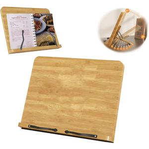 GCFTIFF Recipe Book Holder,Cookbook Stand Wood Cookbook Holder for Kitchen, Adjustable Angle and Page Paper Clips,Magazine Holder for Desk, Laptop Stand, Tabletop Easel (Wood, S(11'' x 7.9''))