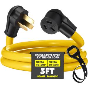 3ft 10-50 50Amp Extension Cord Compatible with NEMA 10-50 Male Plug to 10-50 Female Receptacle, 50 A 3 Prong Electric Range Oven Stove Extension Power Cord, STW 8 AWG/3C Gauge, 250V, 12500W