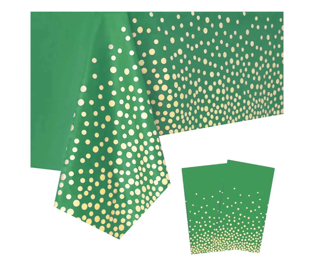 4 Packaging Green and Gold Plastic Tablecloth, 54 inch x108 inch Rectangular Disposable dot Party Table Cover, Suitable for Birthday, Graduation, Restaurant, Wedding Decoration Tablecloth