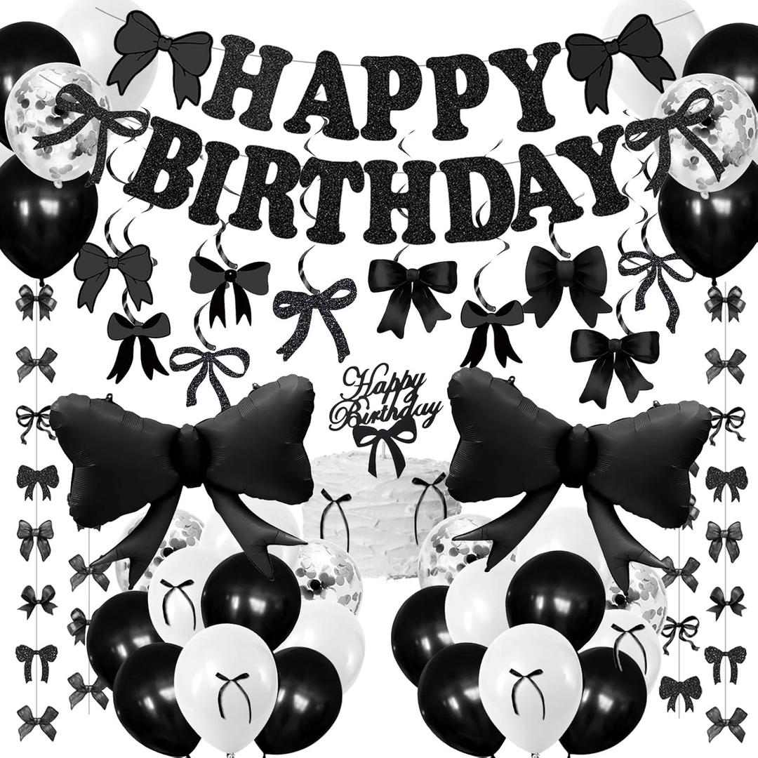 Black Bow Birthday Decorations Girls Bow Happy Birthday Banner Black White Balloon Coquette Decorations Hanging Swirls Garland Ribbon Party Decor Supplies for Girls Women