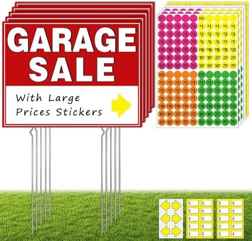 Garage Sale Kit (10 Pcs), 5 Pack Garage Sale Signs with Metal Stakes, 5 Pack Yard Sales Price Stickers, Directional Arrows Sign, Yard Sales Supplies, Double Sided, Weatherproof, Large Price Tags