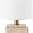 Henn&Hart 15.5'' Eclectic 1-Light Stone Table Lamp with White Fabric Drum Shade for Living Room, Bedroom, or Office, Natural Travertine
