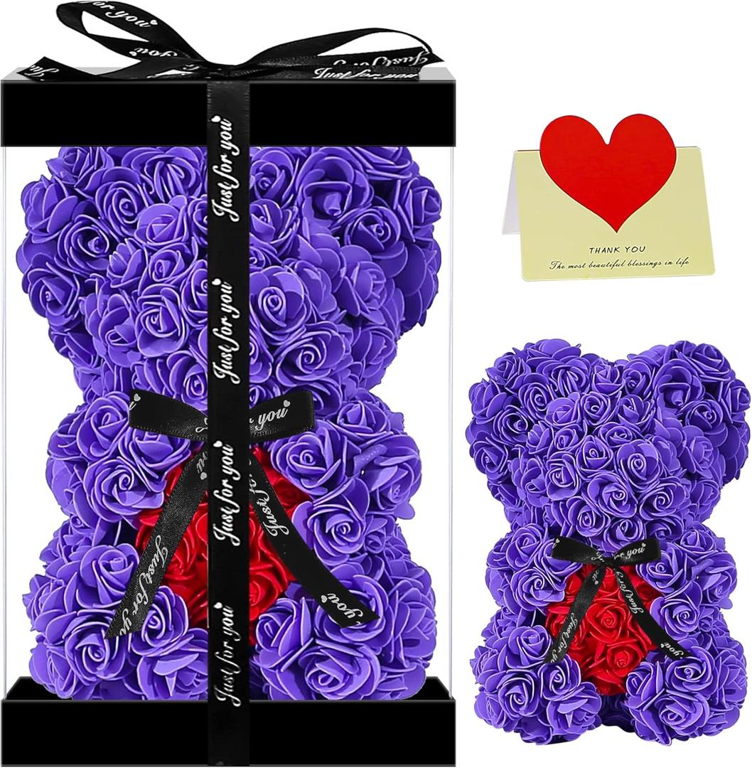Double Couple Rose Adorable Teddy Artificial Bear - Best Gift for Valentines Day, Mothers Day, Anniversary, Birthdays - Clear Gift Box Included! 10 Inches Tall (Purple)
