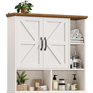Bathroom Wall Cabinet, Farmhouse Medicine Cabinet with Doors, White & Brown, 31.5 x 29.65 x 7.87 inches
