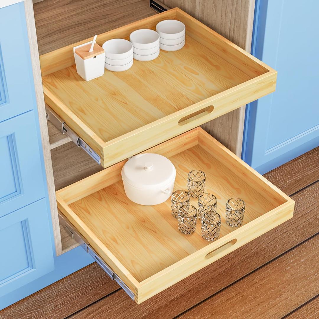 Pull Out Cabinet Organizer, 1PC 27 W x 21 D Soft Close Slide Out Wood Drawer Storage Shelves for Kitchen, Base Cabinet Organization for Pantry, Finished, Heavy-Duty, Bottom Assembly