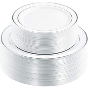 WDF 120PCS Plastic Plates White Silver Rim - Disposable Plates including 60PCS for Dinner 10.25inch, 60 Salad/Dessert Plates 7.5inch Heavy Duty Wedding Party Birthday