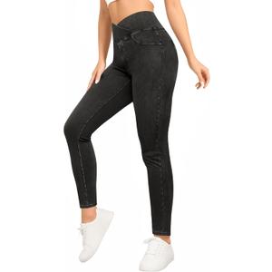 CLOZOZ Jeggings for Women High Waisted Stretchy Skinny Jeans V Cross Pull On Tummy Control Leggings with Back Pockets Denim Black, M