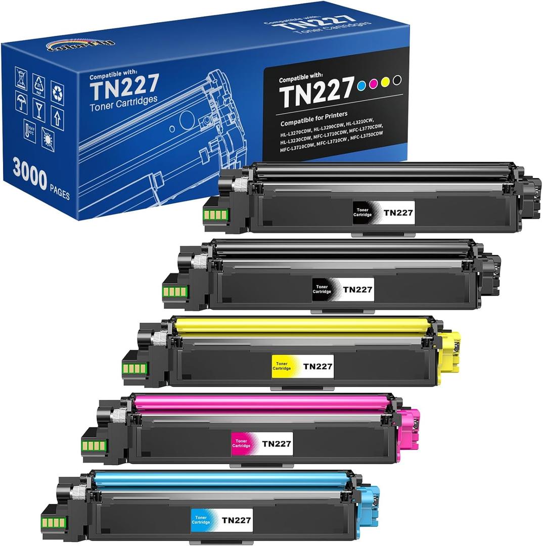 colorfly Compatible TN227 High Yield Toner Cartridges Replacement for TN-227BK/C/M/Y High-Yield TN223 Toners Cartridge Use with HL-I3290CDW Toner MFC l3770CDW HL-L3270CDW 5 Pack