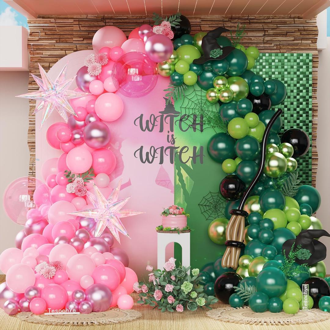 Pink and Green Witch Party Decorations,164 Pcs Light Pink Deep Green Black Balloon Arch Kit with Iridescent Exploding Star Balloons for Princess Witch Birthday Party Fairy Wonderlad Party Supplies