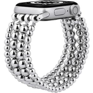 MOFREE Band Compatible with Apple Watch 38mm 40mm 41mm 42mm 44mm 45mm, Beaded Bracelet Women Fashion Handmade Elastic Stretch Strap for iWatch Series 10/9/87/SE/6/5/4/3/2/1 Bands (Silver)