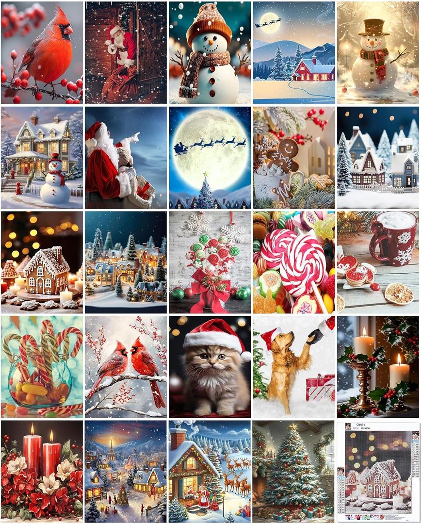 Fulmoon 24 Pack Christmas Diamond Painting Kits 11.8 x 9.8 Inch 5D Christmas Theme Diamond Art DIY Full Round Drill Crafts for Beginners Numbers Diamond Art Painting Packs for Home Wall Decor Gifts