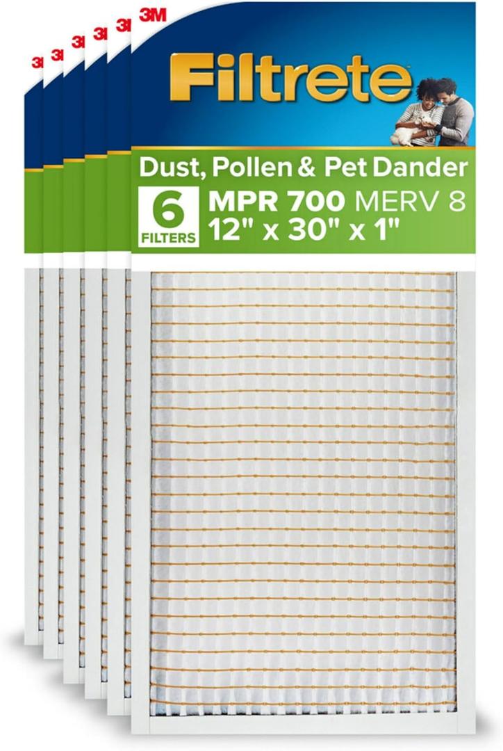 Filtrete 12x30x1 AC Furnace Air Filter, MPR 700, MERV 8, Tough on Pollen, Easy on Airflow, 3-Month Pleated 1-Inch Electrostatic Air Cleaning Filter, 6-Pack (Actual Size 11.81 x 29.81 x 0.81 in)