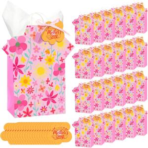 Kolldenn 24 Pcs Mother's Day Gift Bags with Tissue, Floral Happy Mothers Day Treat Bags with Handle for Mom's Birthday Gift Wrapping Supplies for Mother Party Decorations