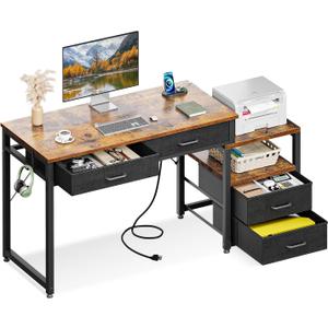 AODK Computer Desk with 4 Drawers & Power Outlet, 53 Inch Reversible Computer Desk with Storage Shelf, Office Desk with Printer Stand, Modern Simple Study Writing Work Table for Bedroom, Rustic Brown