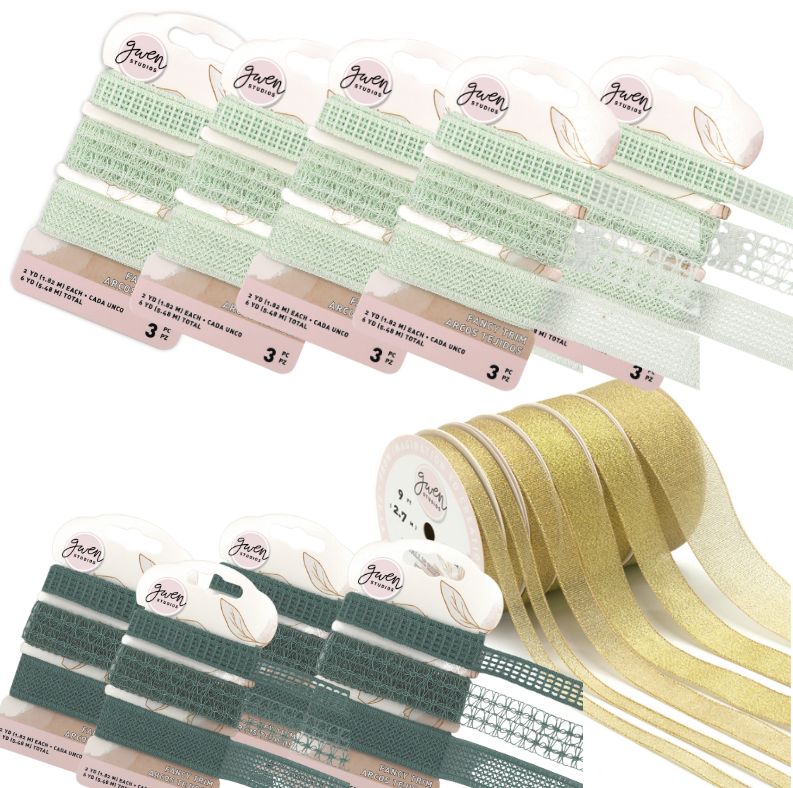 Bundle of Metallic Gold Silk Satin Ribbon, 4 Widths, 18 Yards by Gwen Studios and Multi Color Gwen Studios 1" and 5/8" Mint Green Crochet Style Lace Trim, 18 Yards