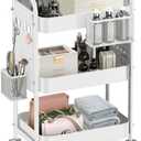 ALVOROG 3 Tier Rolling Cart with DIY Pegboards Metal Utility Cart with Wheels Handles Baskets Hooks, Storage Cart for Office Kitchen Bathroom(White)