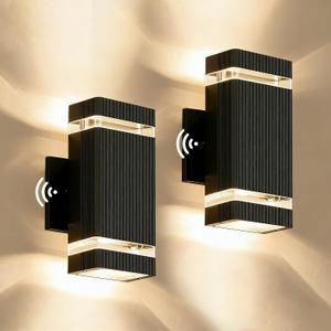 Square Dusk to Dawn Outdoor Lighting 2 Pack, Up and Down LED Porch Lights, Aluminum Outdoor Wall Lights with 7W Bulbs 3000K Waterproof Exterior Lighting Fixtures for House Porch Garage Patio Black
