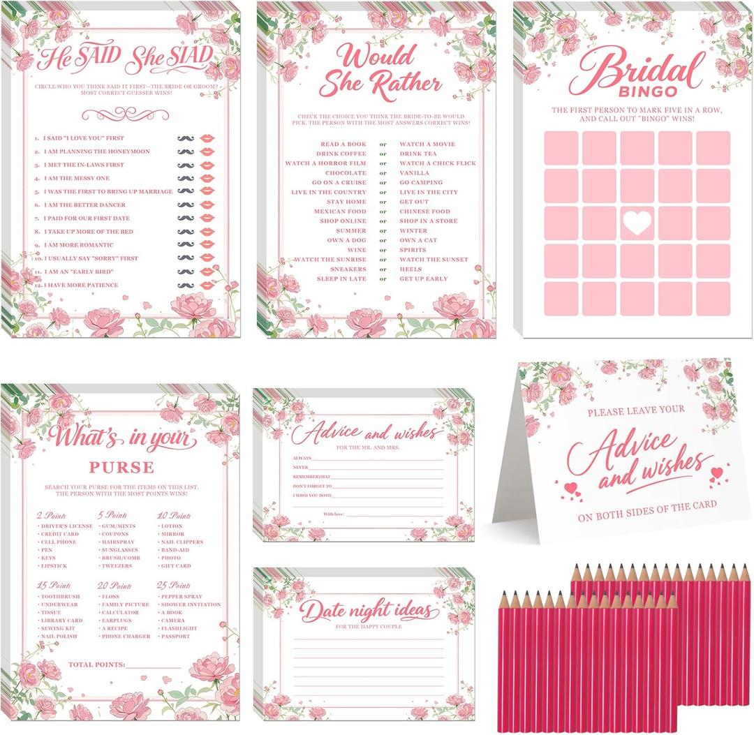 Bridal Shower Games-Heavy Cardstock,5 Fun Activities for 32 Guests, Includes Bingo,He Said She Said, Would She Rather,Whats in Your Purse,Advice and Wishes for The Mr and Mrs(Floral)