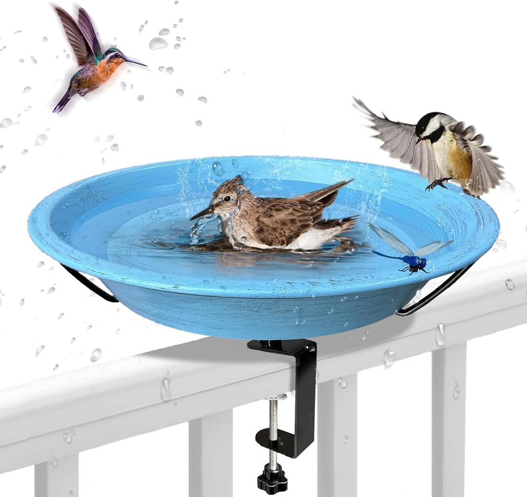 Bird Bath Deck Mounted Bowl 11.5 Inch Metal BirdBaths with Adjustable Sturdy Metal Clamp for Deck Railing Balcony Bird Feeder for Garden Yard and Lawn Decoration-Blue