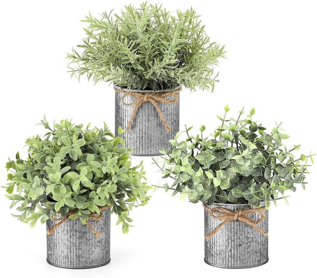 Mkono Small Fake Plants in Farmhouse Galvanized Metal Pots 3 Pack Potted Artificial Plant Eucalyptus for Laundry Room Bathroom Shelf Table Decor (Grey)