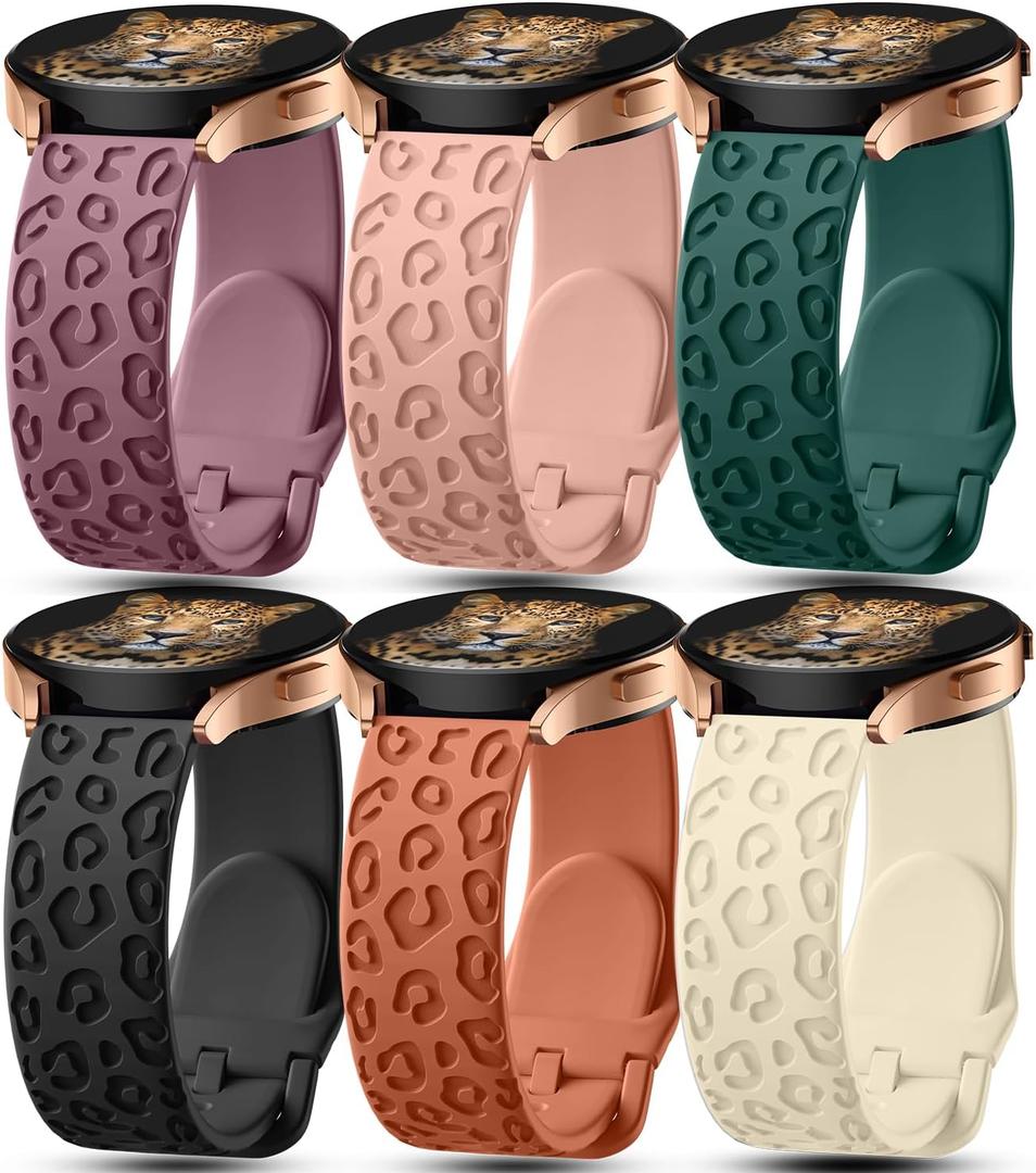6Pack Engraved Band Compatible with Samsung Galaxy Watch 5 Band/Galaxy Watch 4 Bands/Galaxy Watch 3 Bands/Active 2 Watch Bands,20mm Leopard Silicone Sport Strap Replacement for Women Men (Small (5.5"-7.1"), Black,Brown,Blackish Green,Smoke Purple,Sand Pink,Cream)