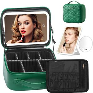 Omobolanle Makeup Bag with Mirror Led Light Detachable Portable Make up Travel Train Case with Adjustable Dividers and 10x Magnifying Mirror Green
