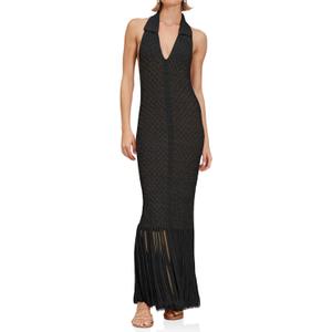 Saodimallsu Womens Halter Crochet Cover Up Fringe Sexy Backless Sleeveless V Neck Collared Vacation Beach Maxi Dress, Small