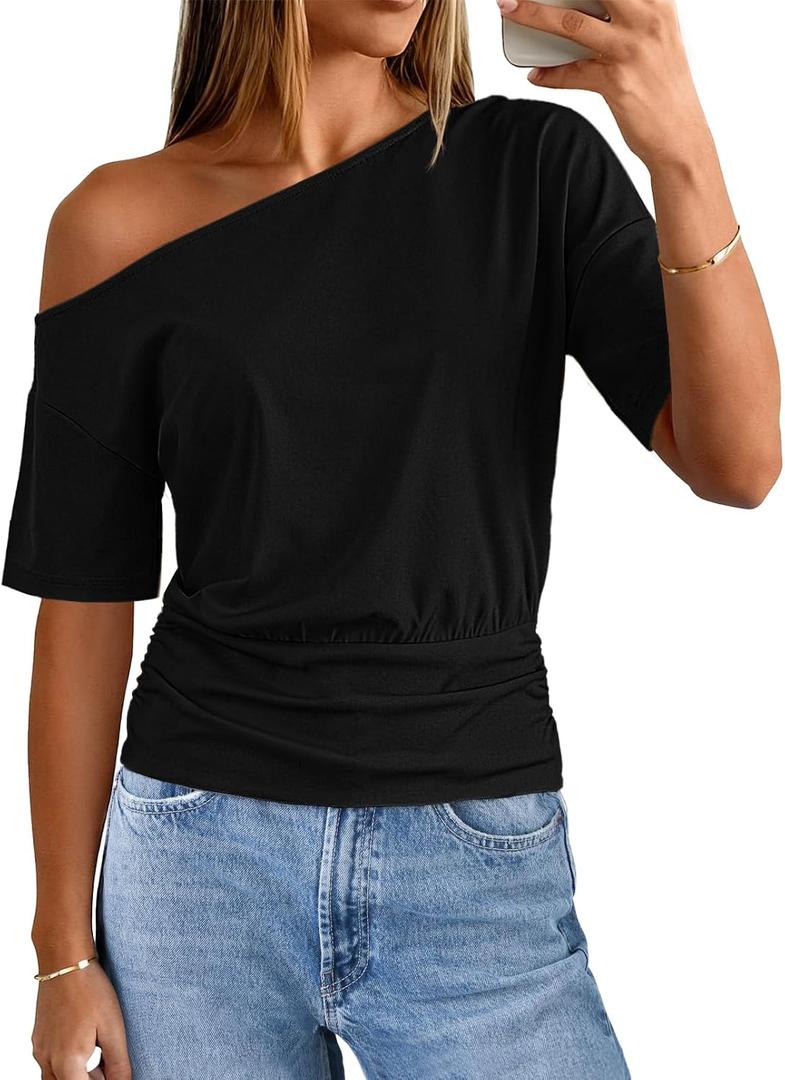 MEROKEETY Women's Off The Shoulder Short Sleeve Tops 2026 Summer Casual Going Out Trendy Y2k T Shirts (Black, XXL)