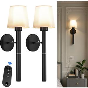 Rechargeable Wall Sconce Set of 2, Black Battery Operated Wall Sconce with Magnetic Rechargeable 5200mAh Battery Stick Dimmable and Remote, 3 Colors Wireless Lighting for Bedroom Hallway