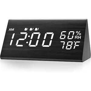 Digital Alarm Clock, with Wooden Electronic LED Time Display, 3 Alarm Settings, Humidity & Temperature Detect, Wood Made Electric Clocks for Bedroom, Bedside (Black)