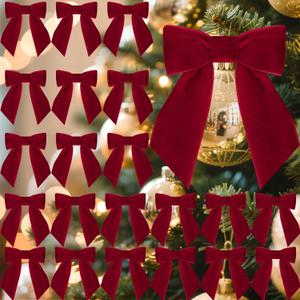 30 Pcs Velvet Ribbon Bows 5" x 4" Pre Tied Christmas Velvet Bows with Twist Tie for Gift Packaging Christmas Tree Wreaths Door Windows Wedding Party Decoration(Burgundy)