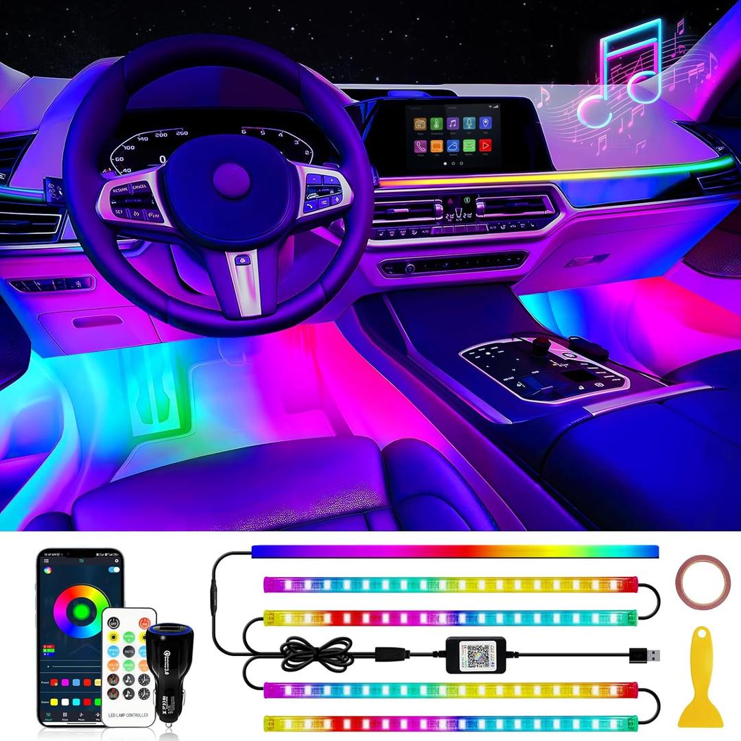 Car Led Light Interior, RGB Dreamcolor Inside Car Light Music Sync, Under Dash Footwell automotive Strip Light, 12V Acrylic Strip Light for Vehicle, Truck,Jeep, SUV with Car Charger(1set) (72SMD(2 Lines Design))