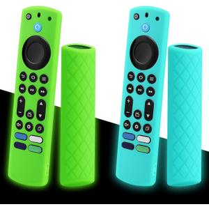 2-Pack Glowing Green + Glow Blue Remote Cover Compatible with Alexa Fire TV Stick 4K Max Remote Controls, Anti-Slip Silicone Protective Case with Lanyard, GITD!