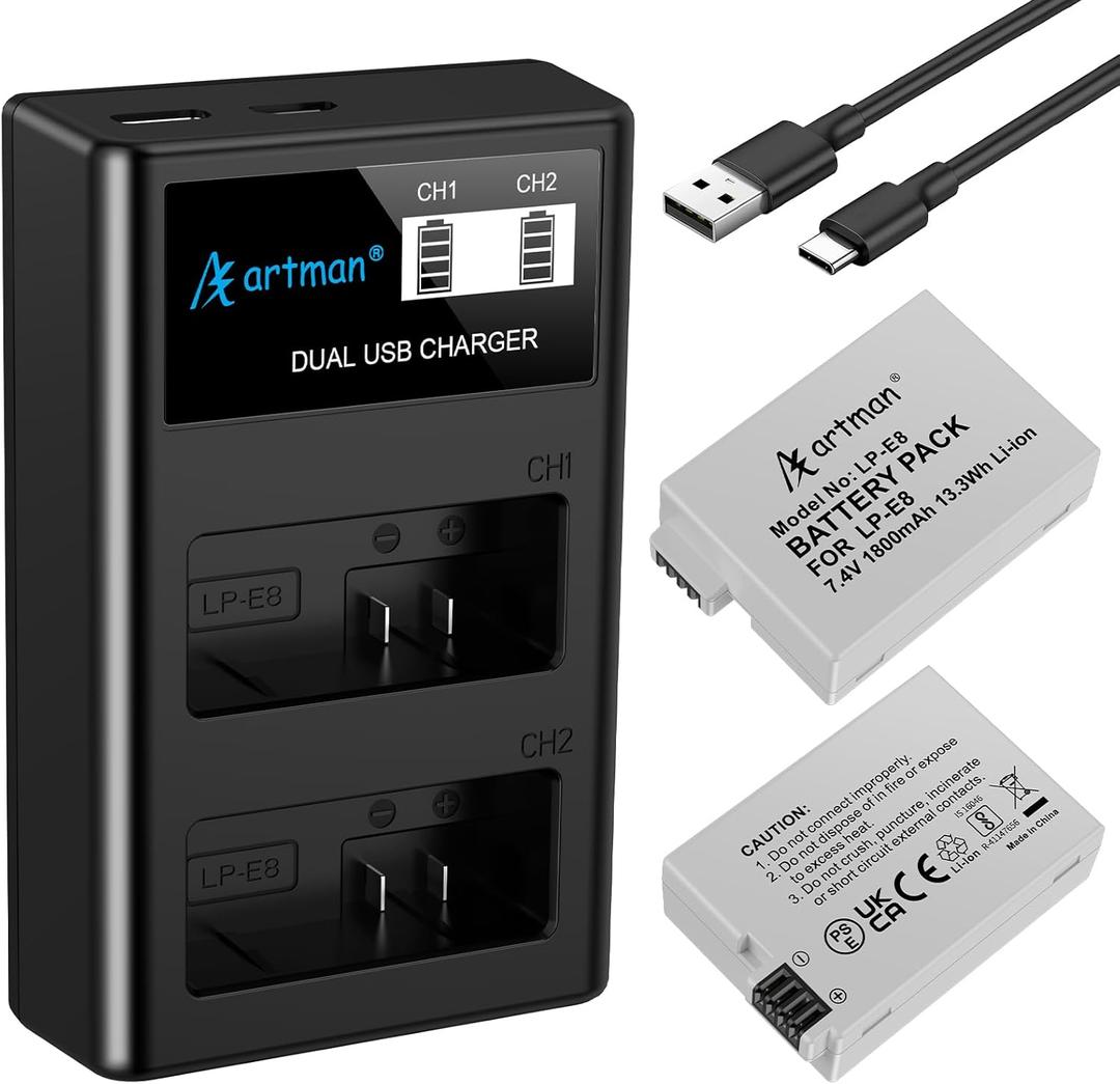Artman Upgraded LP-E8 Battery and USB LCD Dual Charger Kit for Canon EOS Rebel T2i T3i T4i T5i, EOS Kiss X4 X5 X6 X7i, EOS 550D 600D 650D 700D, LC-E8E Digital Camera (2-Pack, 1800mAh)