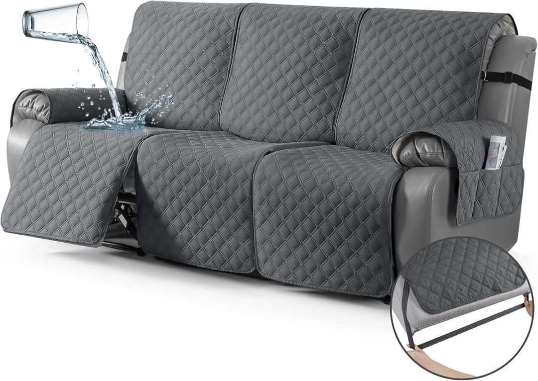 TAOCOCO 100% Waterproof Recliner Couch Covers, Recliner Sofa Covers with Leg Straps, 1-Piece Washable Reclining Sofa Cover with Pocket Couch Protector for Pets Kids(3 Seater, Dark Grey)