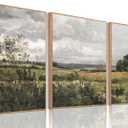 IBHJSART Framed Canvas Vintage Wall Art,Landscape Decor Prints,Set of 3 Nature Countryside Art Retro Painting Fields Tranquil Pictures Artwork Rustic for Living Room Bedroom Bathroom (16"x24" Natural, Wilderness)