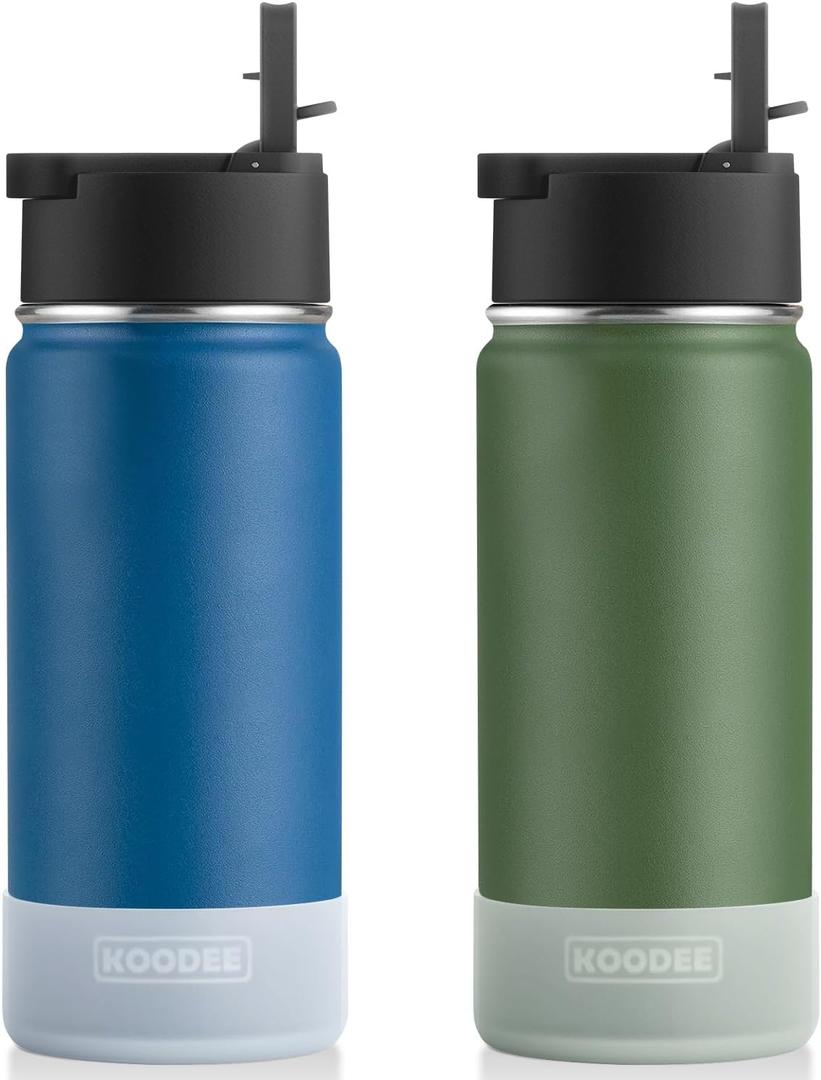 koodee Water Bottle for School 2 Pack 16 oz Stainless Steel Vscuum Insulated Sports Water Bottle with Straw for Boys (Navy-Grass Green)