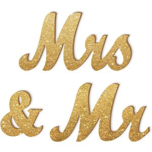 Mr and Mrs Tabletop Wedding Decoration - Wooden Freestanding Letters for Photo Props - Golden Glitter Decor Gift for Bridal Shower Anniversary Party
