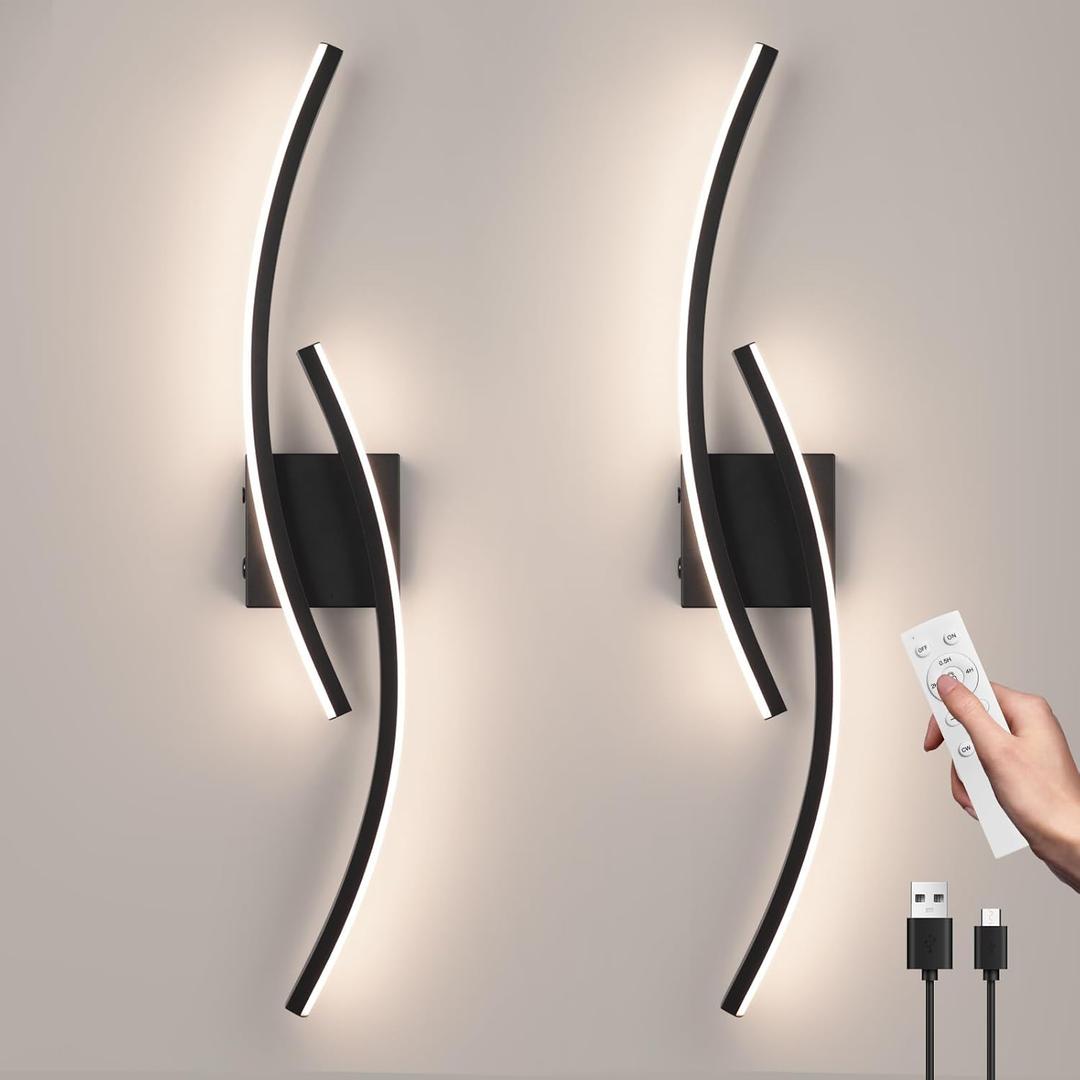 Battery Operated Wall Sconce Set of 2,Black Wall Sconces with Remote Control,3000K-6000K Modern LED Wireless Wall Light for Living Room, Hallway, Bedroom, 39.3 Inch (2 Pack)