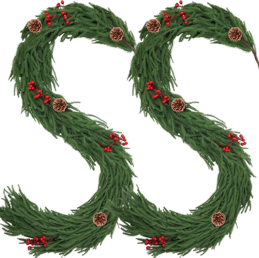 2 Pack 6FT Christmas Norfolk Pine Garlands with Pine Cone Real Touch Christmas Garland Artificial Greenery Garland for Fireplace, Table, Wall, Stairs, Outdoor Holiday Dcor