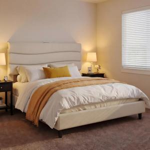 EnHomee Queen Size Bed Frame with Adjustable Upholstered Headboard, Modern Wave Design Queen Platform Bed Frame with Storage Shelf and Charging Station, Noise-Free, No Box Spring Needed, Beige