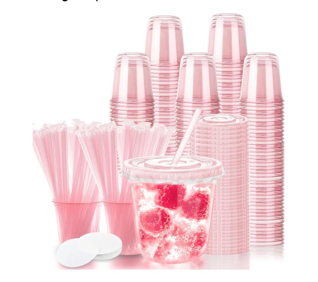 12oz Disposable Stemless Glasses with Flat Lids and Straws,PET Disposable Drinking Cups,Clear Plastic Wine Glasses for Parties Birthday,Wedding,Meeting,Christmas Party Supplies. (100, Pink)