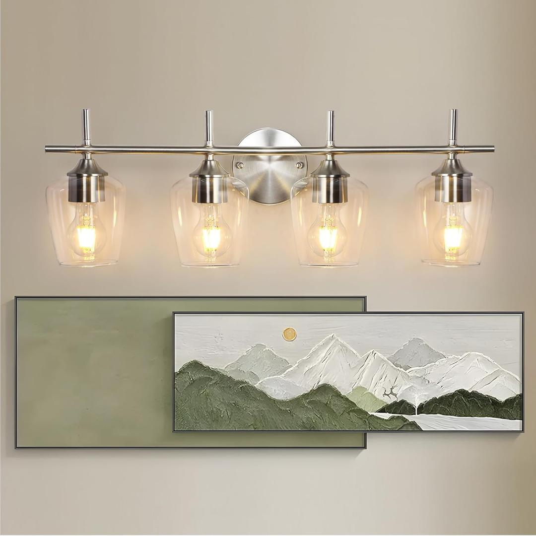 Bathroom Light Fixtures 4-Light Brushed Nickel Bathroom Vanity Light with Clear Glass Shade, Modern Wall Lights for Bedroom Hallway Living Room (E26 Base)